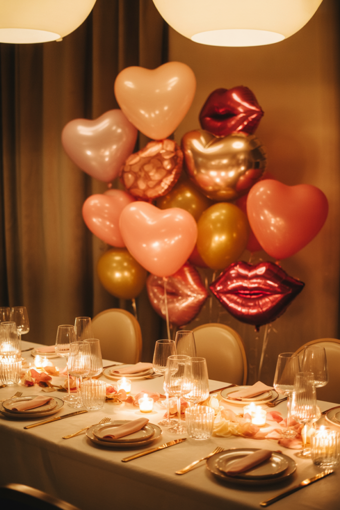 Subtle balloon accent valentine table decor ideas with elegant table styling