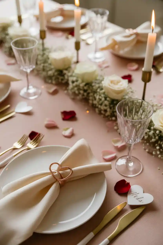Napkin detail valentine table decor ideas with elegant folded fabric napkins