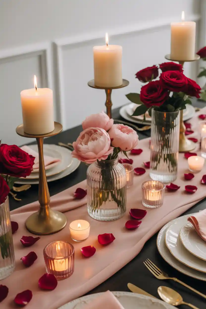 Multi-height valentine table decor ideas using candles and vases