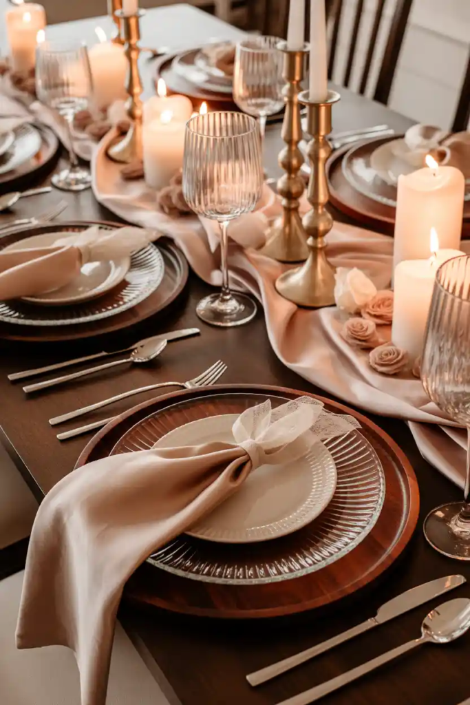 Mixed material valentine table decor ideas with glass wood and fabric elements