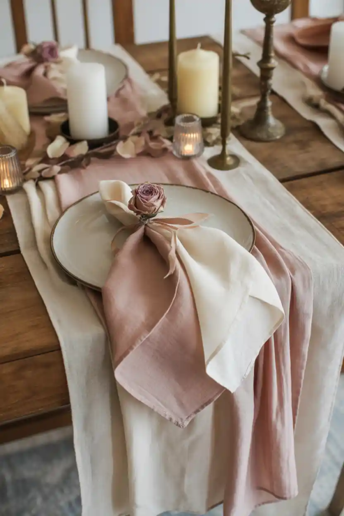 Layered linen valentine table decor with fabric napkins and elegant table styling