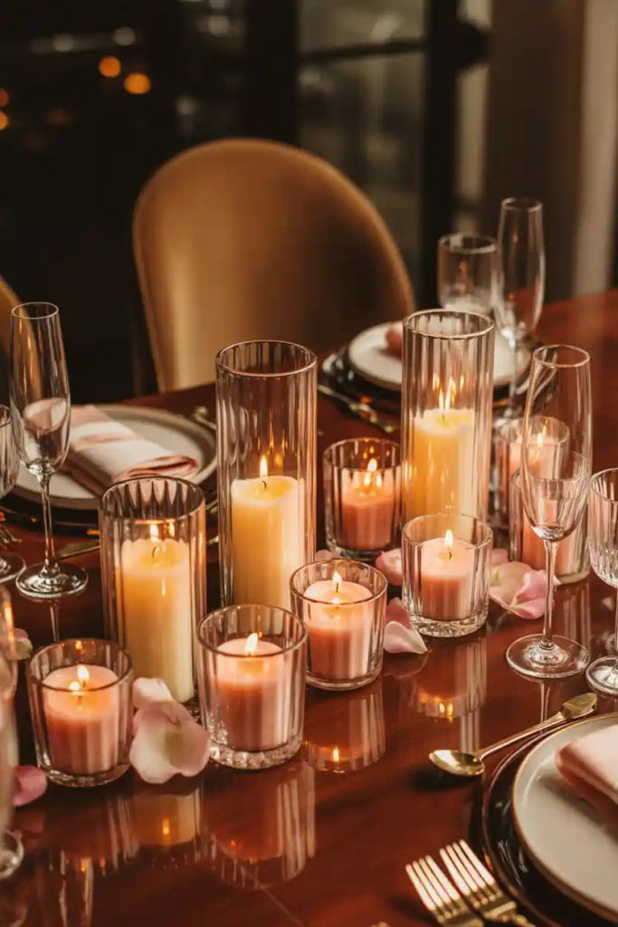 Glass and candle valentine table decor ideas creating a warm romantic glow