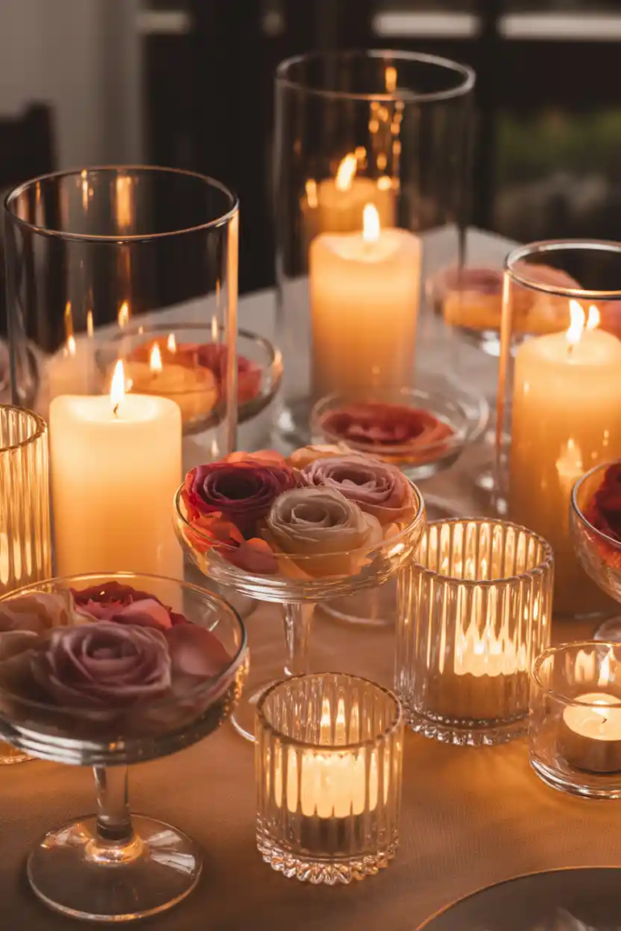 Glass and candle valentine table decor ideas creating a warm romantic glow