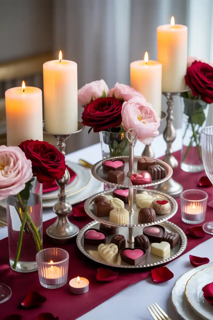 Multi-height valentine table decor ideas using candles and vases