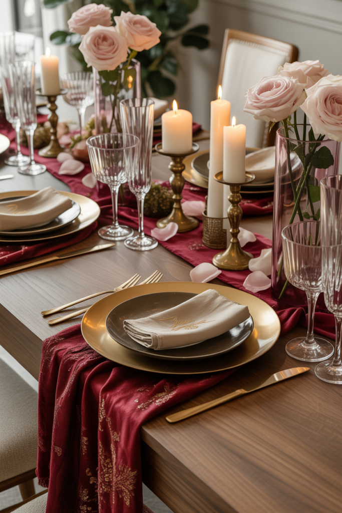 Mixed material valentine table decor ideas with glass wood and fabric elements