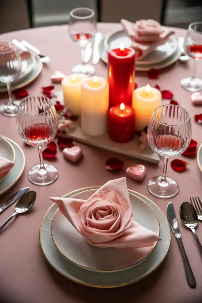 Napkin detail valentine table decor ideas with elegant folded fabric napkins