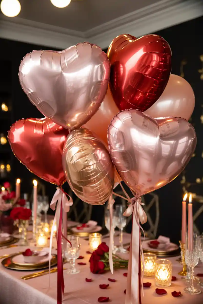 Subtle balloon accent valentine table decor ideas with elegant table styling