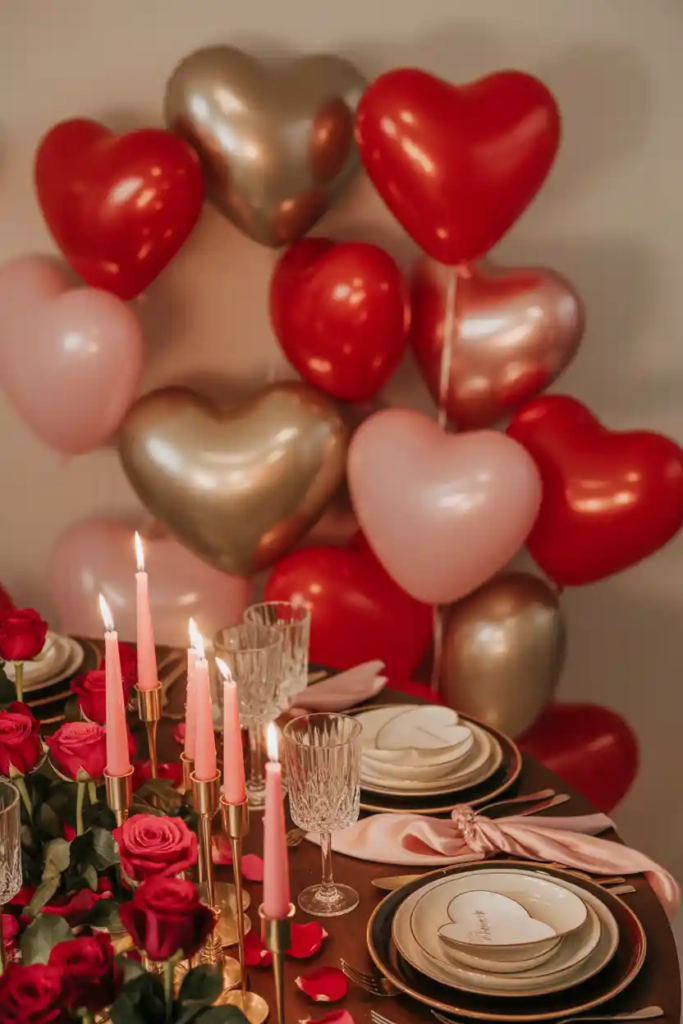Subtle balloon accent valentine table decor ideas with elegant table styling