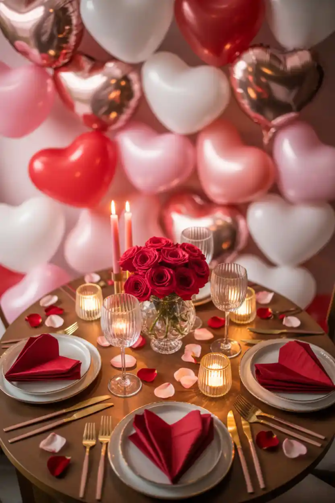 Subtle balloon accent valentine table decor ideas with elegant table styling