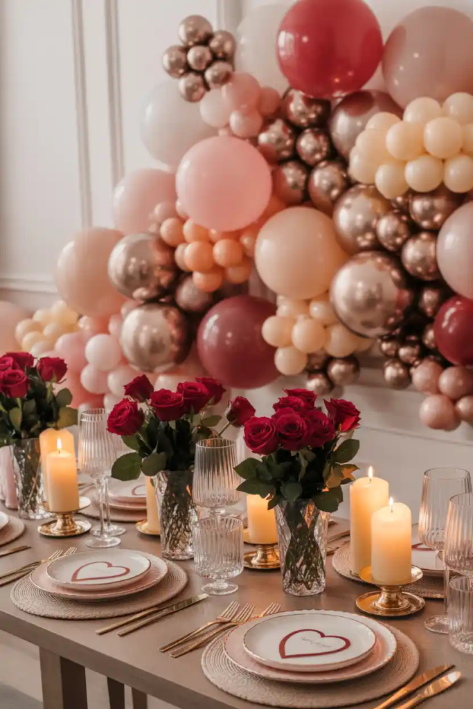 Subtle balloon accent valentine table decor ideas with elegant table styling