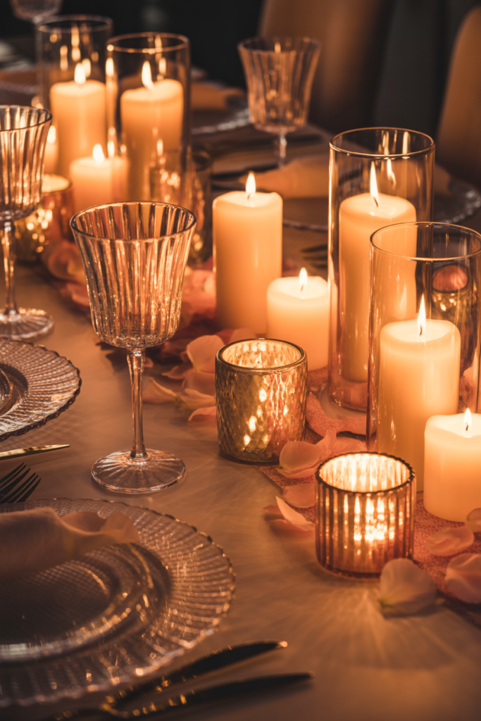 Glass and candle valentine table decor ideas creating a warm romantic glow