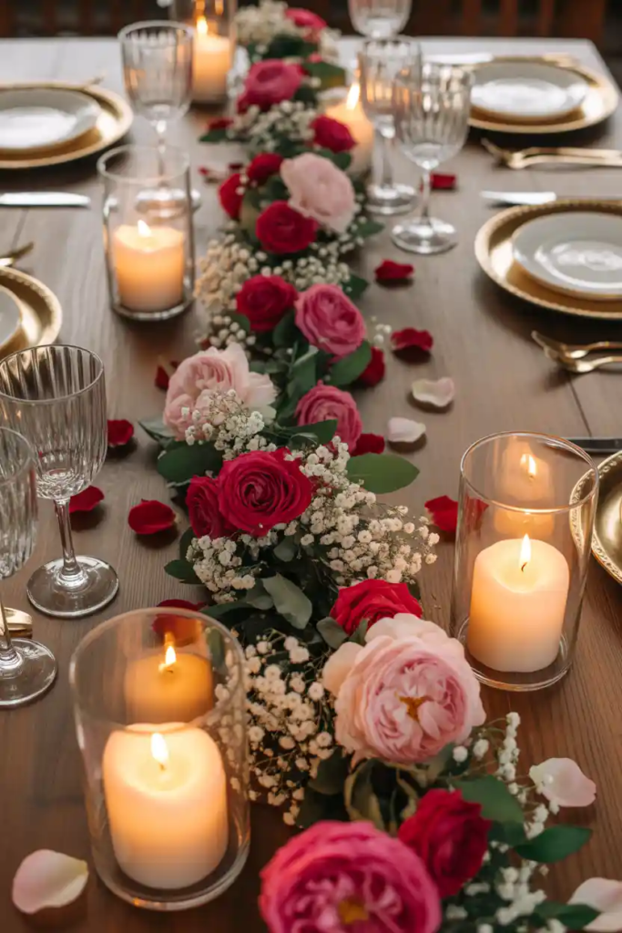 Floral garland valentine table decor with greenery and soft romantic styling